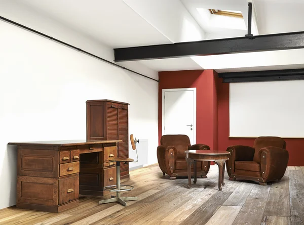 Intérieur grand loft, bureau et plancher en bois — Photo