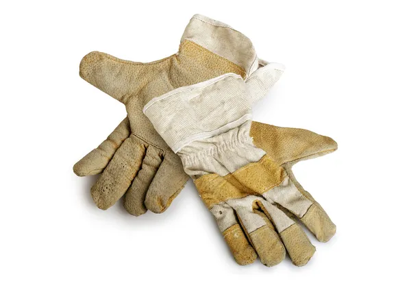 Dirty and well-worn pair of canvas and leather work gloves — Stock Photo, Image
