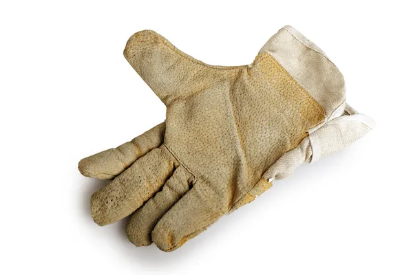 Dirty and well-worn leather work glove on white background. — Stock Photo, Image