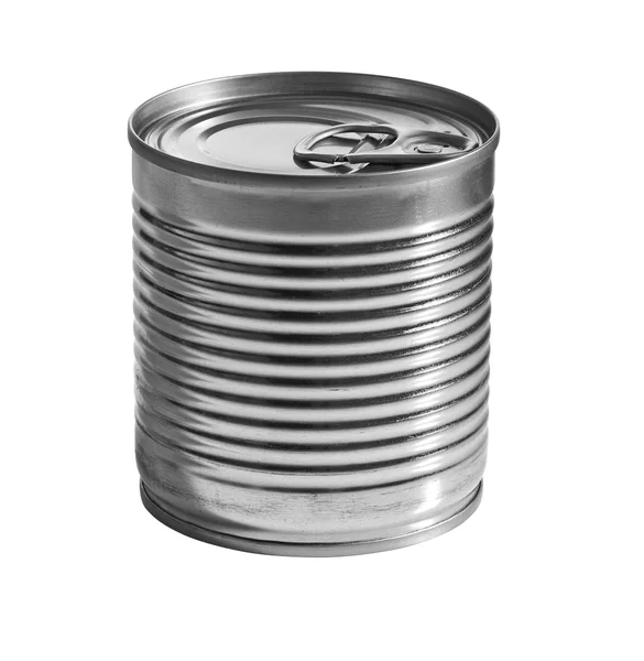 Een zilveren tin kunnen geïsoleerd op een witte achtergrond. uitknippad — Stockfoto