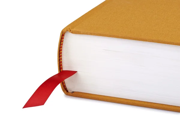 Livro marrom com um marcador vermelho — Fotografia de Stock