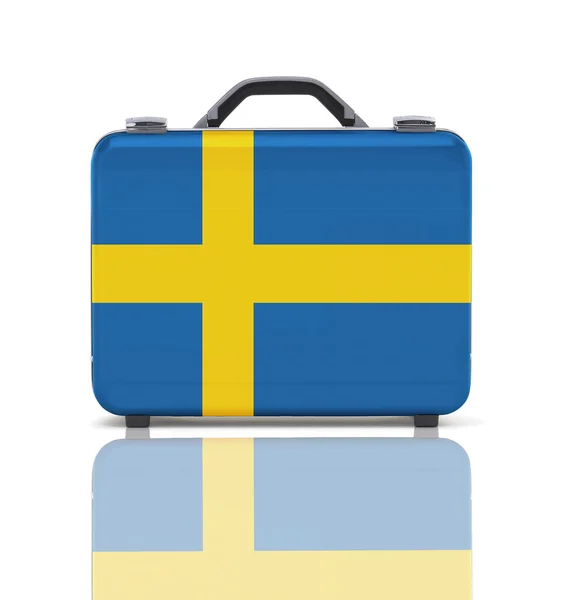 Business suitcase for travel with reflection and flag of Sweden — Stock Photo, Image