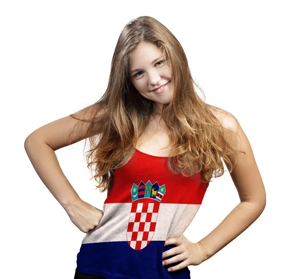 Молодая женщина с длинными кудрявыми волосами и футболкой из Хорватии — стоковое фото