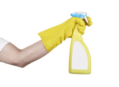 Stüdyo çekim el ile temizleme spreyi tutan lastik eldiven