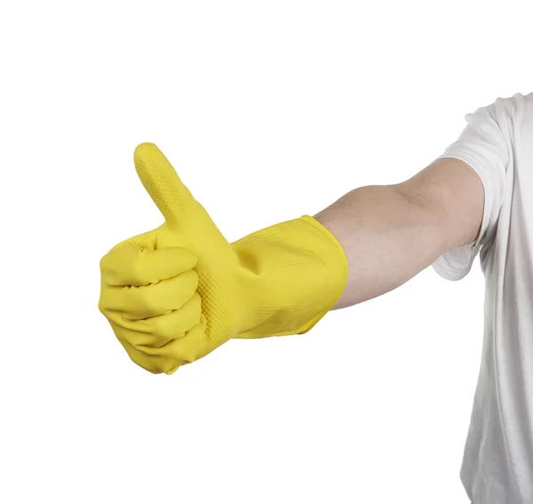 Mano con guante de producto de limpieza amarillo mostrando el pulgar hacia arriba —  Fotos de Stock