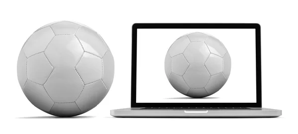 Laptop aislado en blanco con una bola en blanco —  Fotos de Stock