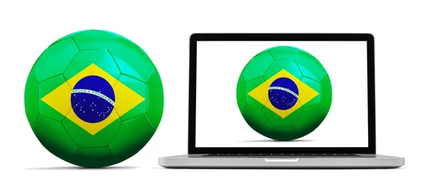 Laptop isoliert auf weiß mit einem Ball aus Brasilien — Stockfoto