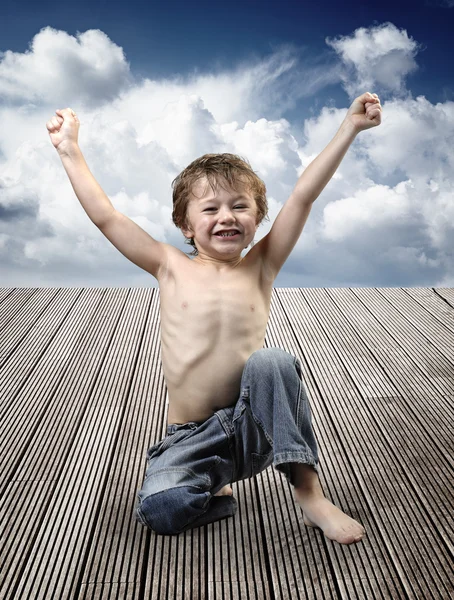 Portrait of a beautiful young boy sitting in happy pose on a woo — Stock Photo, Image