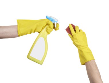 parlak sarı eldivenler sünger ve cleanin ile yüzey Temizleme