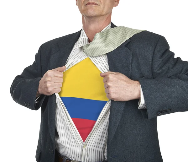 Kolumbia zászló szuperhős öltönyt alatt ő mutatja üzletember — Stock Fotó