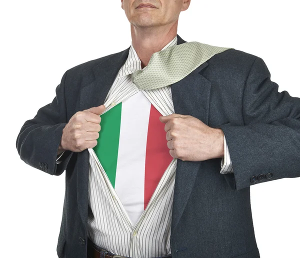 Uomo d'affari che mostra l'Italia bandiera tuta supereroe sotto il suo shi — Foto Stock