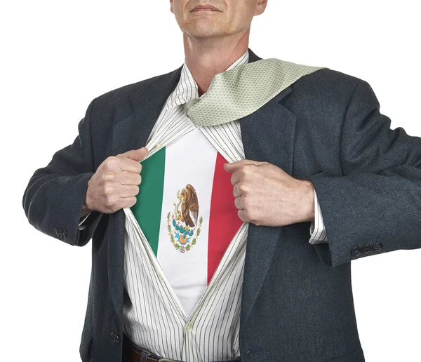 Businessman showing Mexico flag superhero suit underneath his sh — Stock Photo, Image