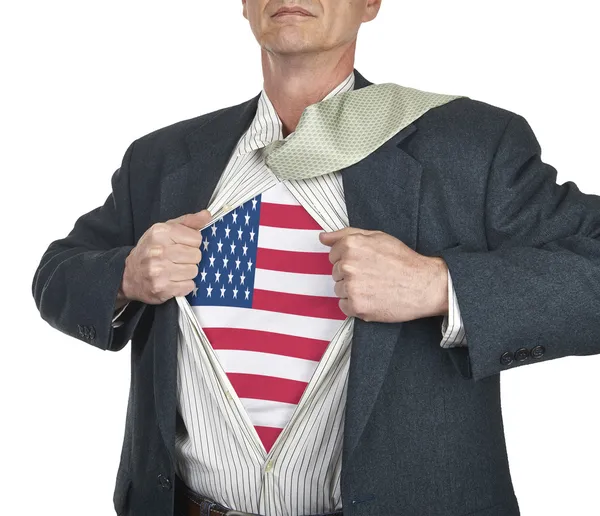 Businessman showing USA flag superhero suit underneath his shirt — Stock Photo, Image
