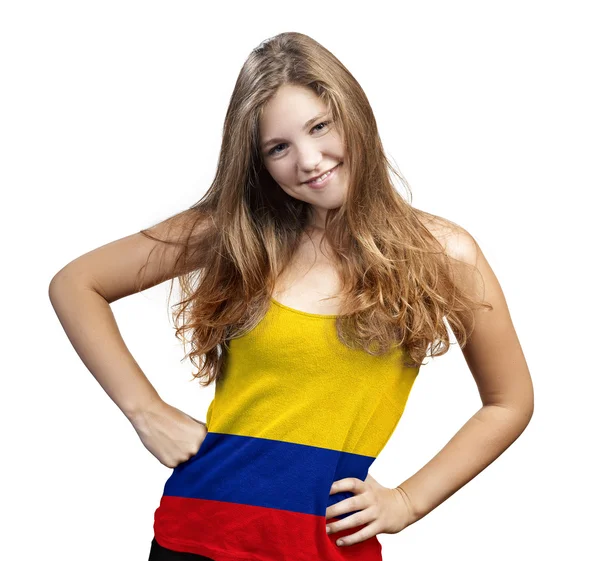 Giovane donna con lunghi capelli ricci e una t-shirt della Colombia — Foto Stock