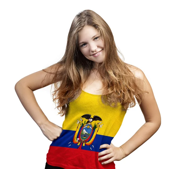 Young Woman with long curly hair and a t-shirt of Ecuador — Stock Photo, Image