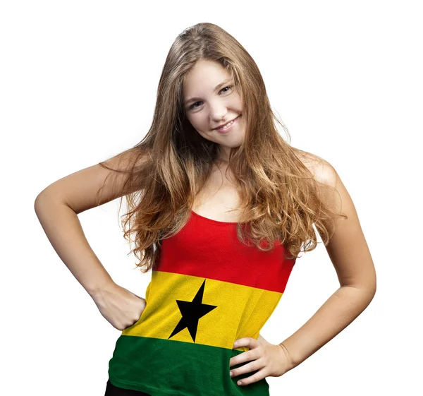 Young Woman with long curly hair and a t-shirt of Ghana — Stock Photo, Image