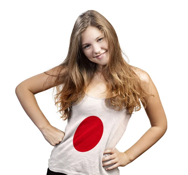 Mulher jovem com cabelo encaracolado longo e uma camiseta do Japão — Fotografia de Stock