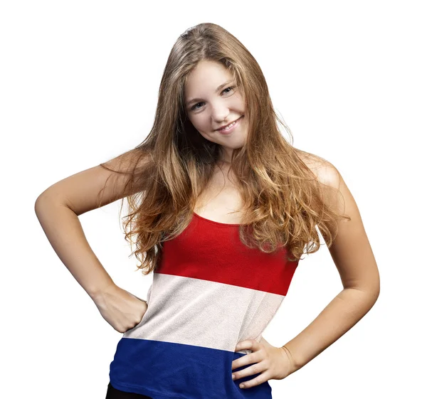 Mulher jovem com cabelos longos encaracolados e uma camiseta da Holanda — Fotografia de Stock