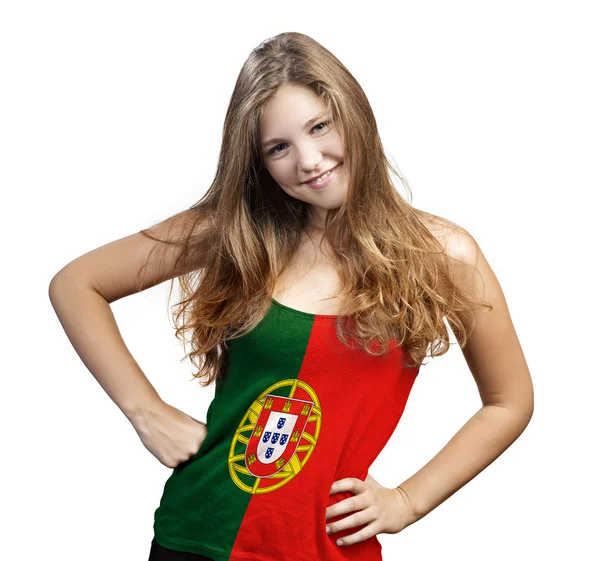 Jonge vrouw met lang krullend haar en een t-shirt van portugal — Stockfoto