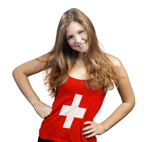 Young Woman with long curly hair and a t-shirt of Switzerland — Stock Photo, Image