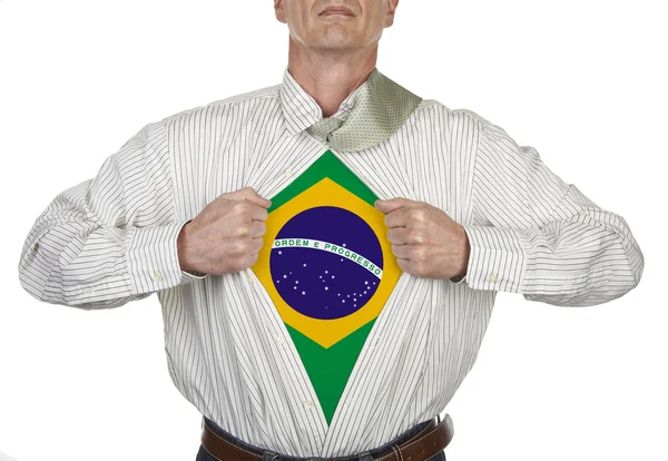 Empresário mostrando um terno de super-herói sob sua camisa — Fotografia de Stock