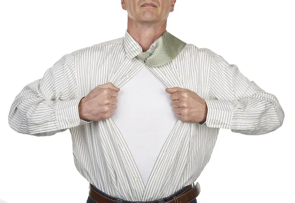 Businessman showing a superhero suit underneath his shirt — Stock Photo, Image