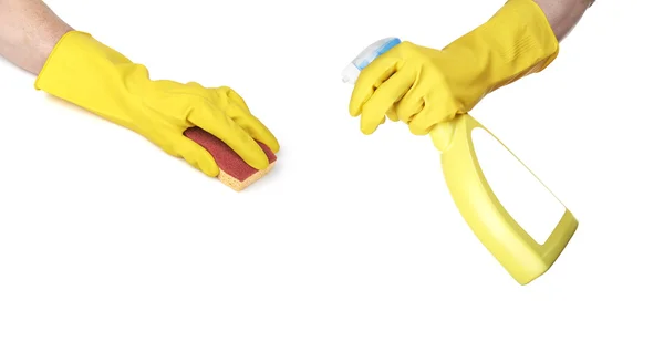 Superficie de limpieza en guantes de color amarillo brillante con esponja y limpieza —  Fotos de Stock