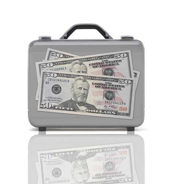 Business suitcase for travel with reflection and three 50 dollar — Stock Photo, Image