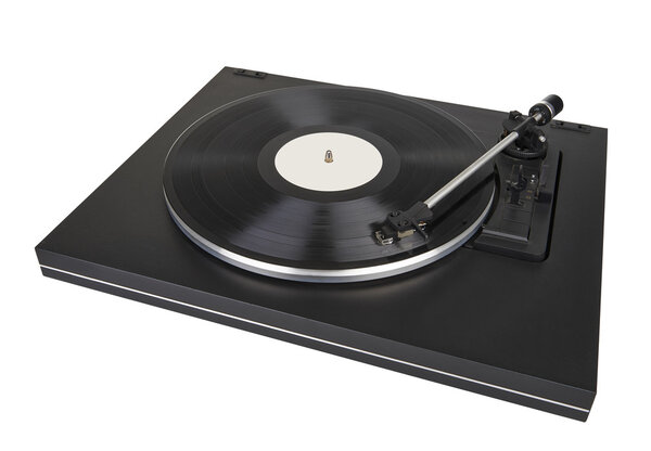 Vinyl player on white background, clipping path for the turntable and path for the label on vinyl