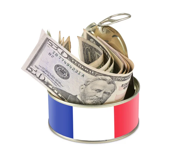 Blikje met ons dollar - Frankrijk vlag als label — Stockfoto