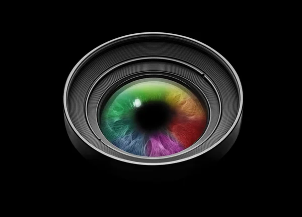 Black camera lens with multicolored eye — Stock Photo, Image