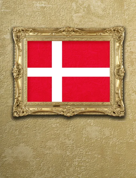 Flag from Denmark exposition in gold frame — Stock Photo, Image