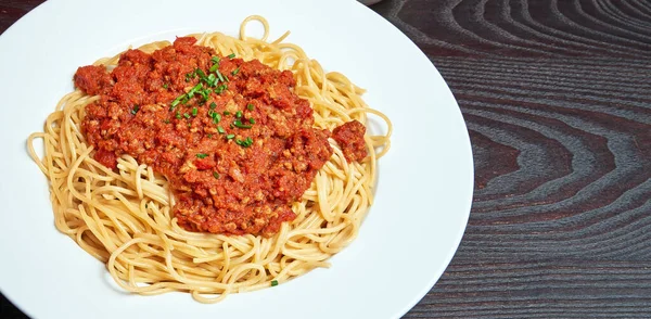 Felsőtéri Közeli Felvétel Spagetti Bolognaise Másolási Hellyel — Stock Fotó