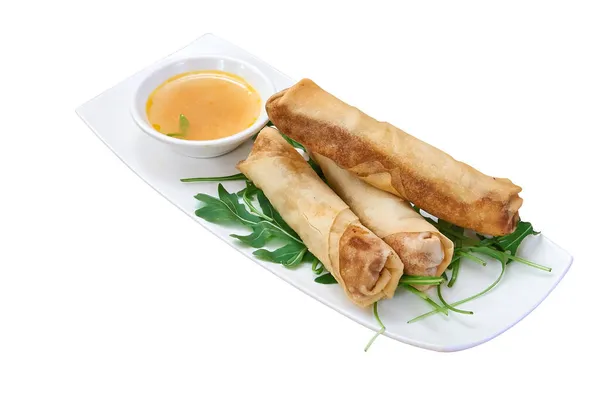 Overhead View Spring Roll Spicy Sauce Isolated White Clipping Path — Stock Photo, Image