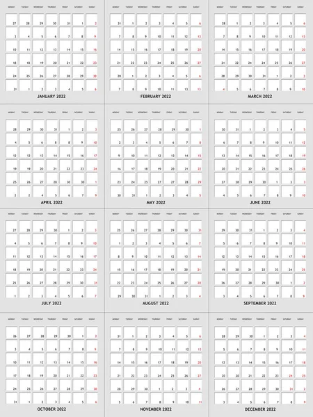 白色背景的2022年日历网格模板 — 图库照片