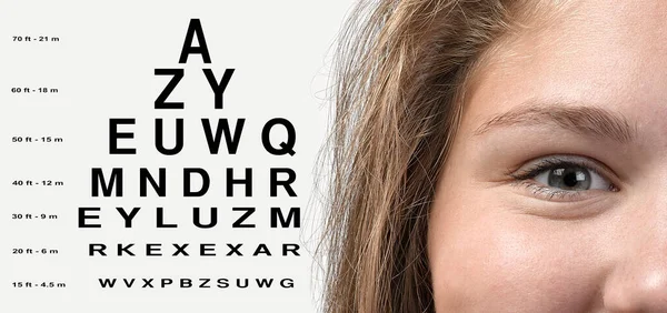 Female Blue Green Eye Test Vision Chart Close — Stockfoto