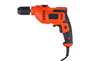 Orange electric drill with cable isolated on white with clipping path