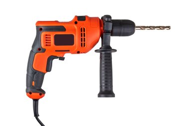 Orange electric drill with cable isolated on white with clipping path