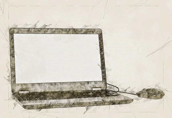 Ilustracja Sketch Black Laptop His Mouse — Zdjęcie stockowe