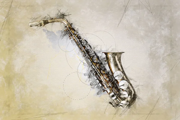 Illustration Sketch Old Well Used Saxophone — Stock Photo, Image