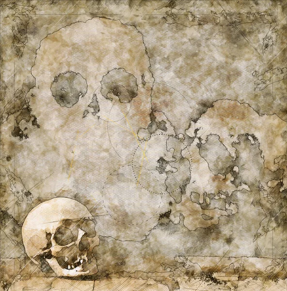 Ілюстрація Ескіз Старого Тріснутого Пошкодженого Людського Черепа Карту Скарбів — стокове фото