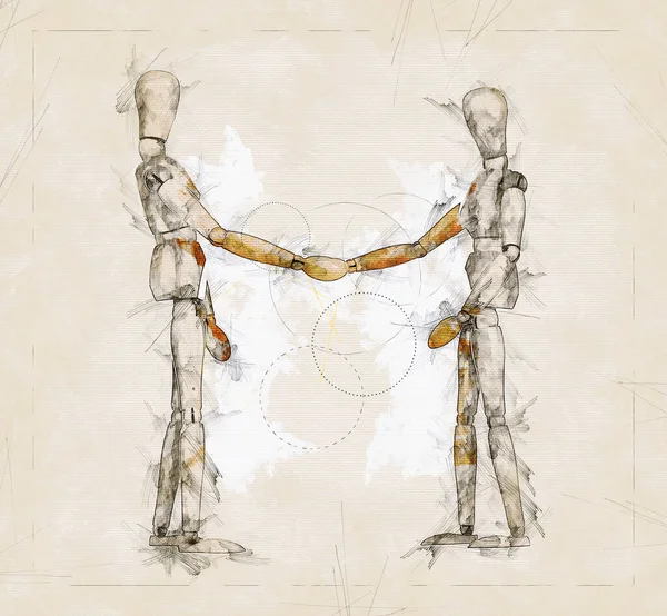 Иллюстрация Sketch Wooden Dummies Shaking Hands Cooperation Business — стоковое фото