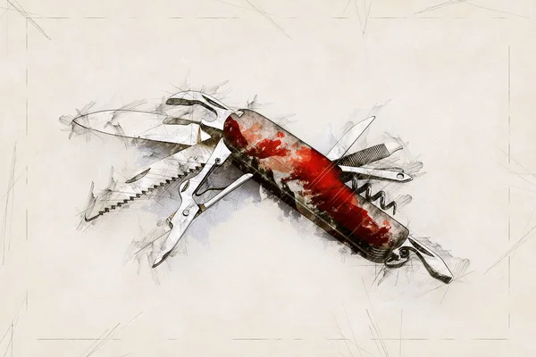 Kullanılmış Eski Bir Sviçre Çoklu Işlevli Bıçağının Çizimi — Stok fotoğraf