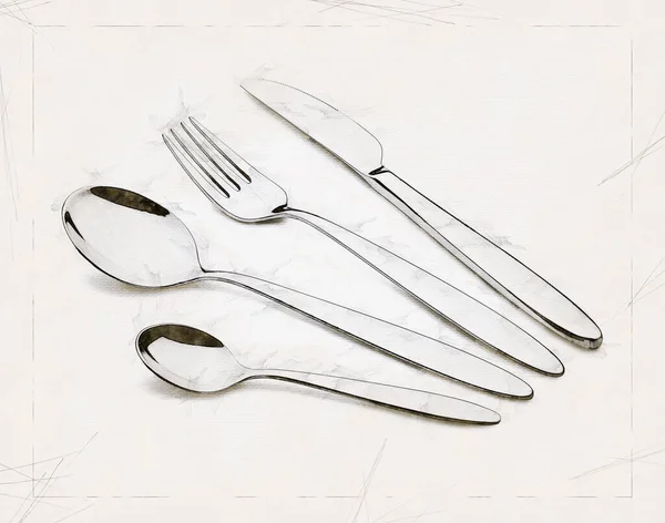 带有叉子 刀具和勺子的银器集的说明画 — 图库照片