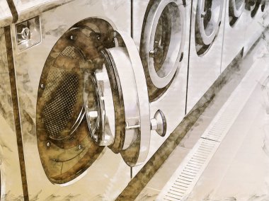 Bir çamaşırhanedeki endüstriyel çamaşır makinesinin çizimi.