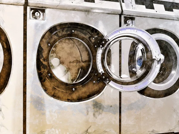 Illustration Sketch Industrial Washing Machines Public Laundromat — Stock Photo, Image