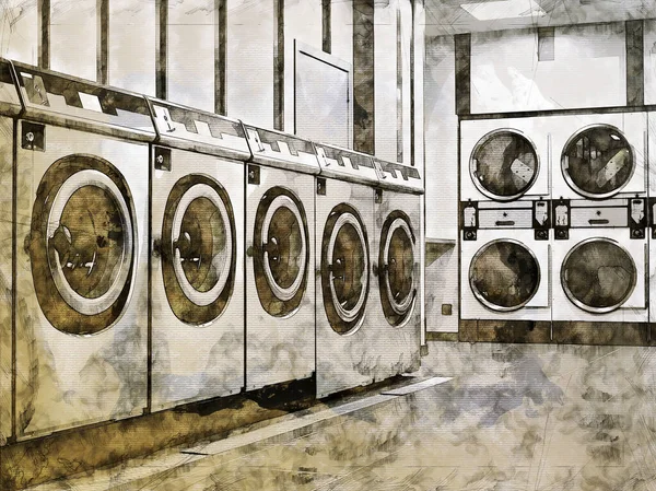 Illustration Sketch Row Industrial Washing Machines Public Laundromat — Stock Photo, Image