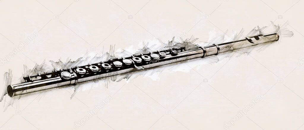 Illustration Sketch of a Classical Silver Flute on stripped paper