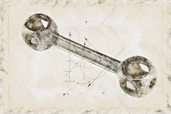 Akvarel Náčrt Starého Rezavého Šroubového Klíče — Stock fotografie