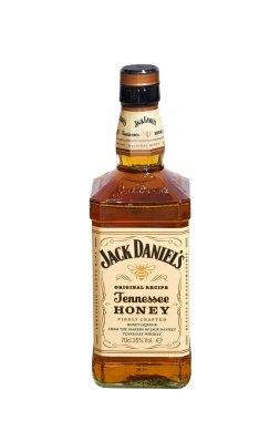 Brüksel, Belçika - 12 Şubat 2022; Ballı Jack Daniels şişesi. Tennessee viskisinin orijinal tarifi.